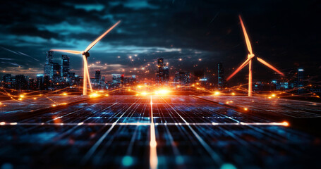 Gigantic wind turbines stand tall against a vibrant sunset, illuminating a landscape filled with solar panels. The dynamic energy scene highlights a futuristic city skyline in the background.