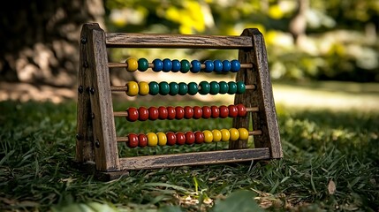 Wooden abacus outdoors on grass