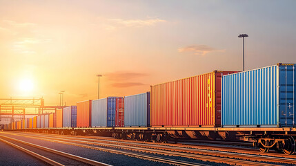 Fototapeta premium Colorful Shipping Containers On Freight Train At Sunset