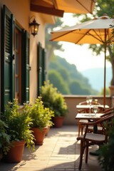 Sun-drenched terrace, wine glasses clink; summer cafe ambiance, outdoor, vacation