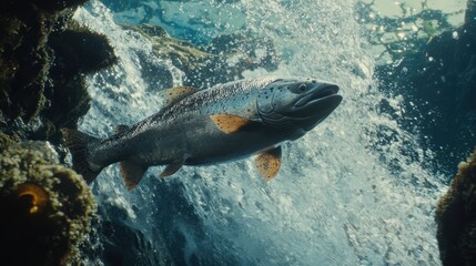 Obraz premium A silvery salmon swimming against the current of a rushing stream.