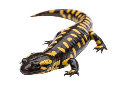 A tiger salamander crossing an invisible surface in a forest environment close-up view, isolated on white or transparent background