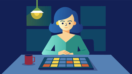 A woman sits at a table her face lighting up with determination as she carefully solves a Sudoku puzzle exercising her brainpower.. Vector illustration