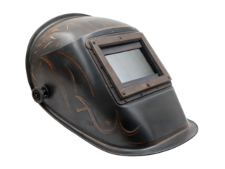 Welding mask lifted to reveal tinted shield industrial workshop equipment focus close-up view, isolated on white or transparent background