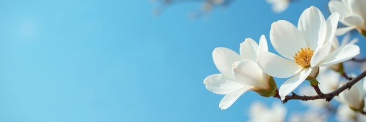 White magnolia flowers, clear blue sky backdrop , nature, white, soft