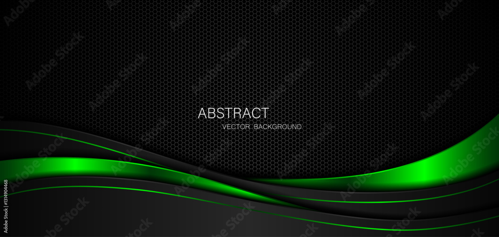 Aufkleber Abstract black and green curves on dark steel mesh background with free space for design. modern technology innovation concept background	