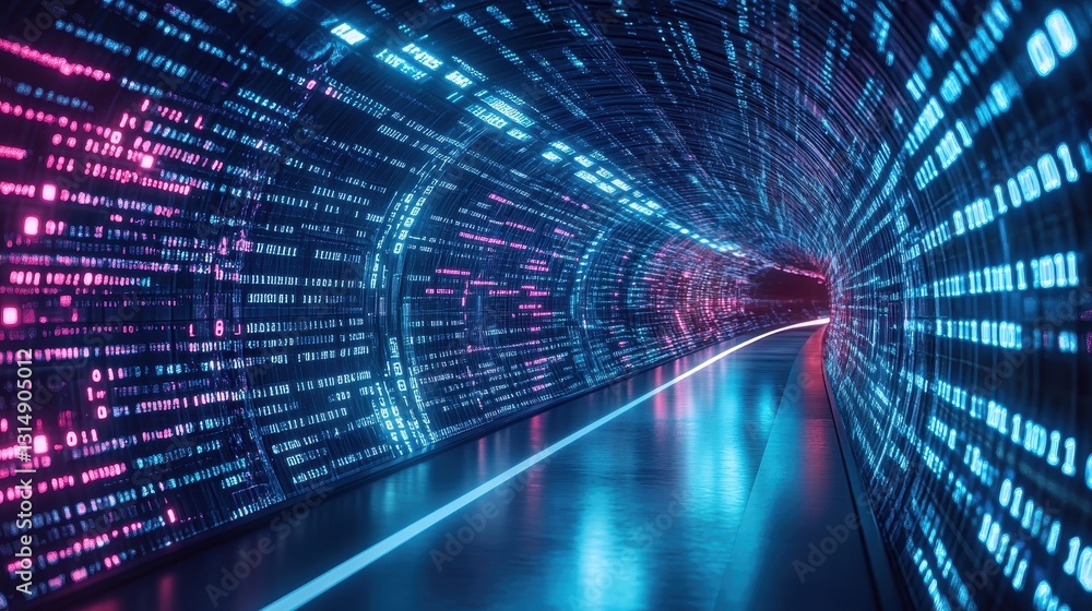 Poster dynamic data stream tunnel virtual reality digital art futuristic environment wide viewpoint technol