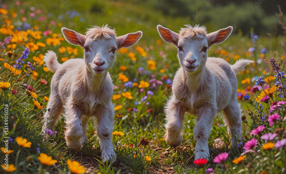 Poster two baby goats are running through a field of flowers. the scene is bright and cheerful, with the go