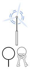 Wind turbine spinning blades for energy, magnifying glass for analysis, and vintage keys for unlocking ideas. Ideal for energy, innovation, research, eco-solutions, clean technology, exploration
