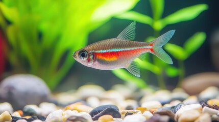 A single neon tetra floating in a softly lit aquarium, its colors glowing