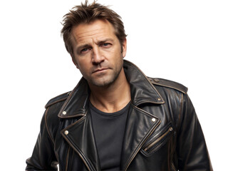 Obraz premium Stylish man in leather jacket urban setting portrait photography fashion close-up view, isolated on white or transparent background