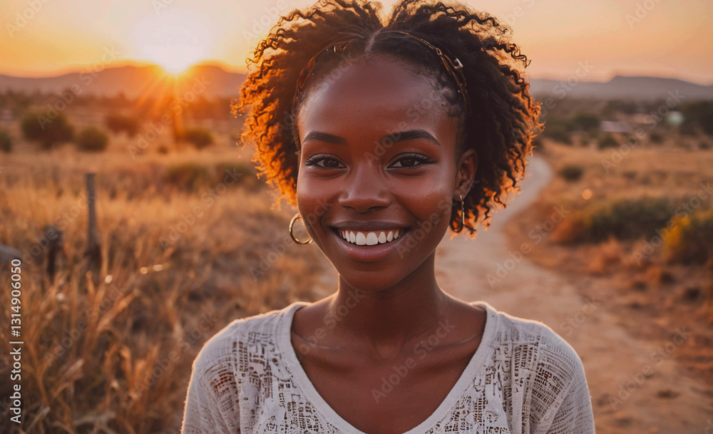 Poster woman with curly hair is smiling at the camera in a field. the sun is setting in the background, cre