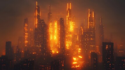 Fototapeta premium Catastrophic blaze engulfs futuristic cityscape digital artwork nighttime view urban environment