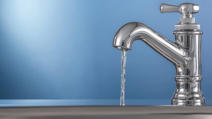 Shiny modern chrome faucet with flowing water droplets and splashing in a minimalist blue studio background  Plumbing fixture household appliance and contemporary design concept