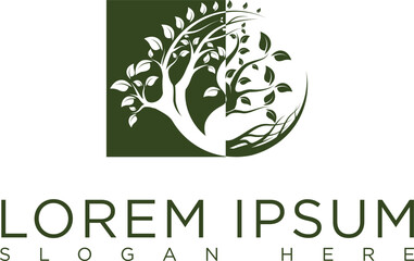 Obraz premium Minimalist tree logo green tree with elegant silhouette and leaves symbolizes growth, eternity of life and balance of nature. Modern design, suitable for eco-friendly business, organic farming