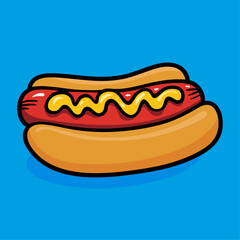 Illustrated hot dog with mustard on a bright blue background. Perfect for food-themed designs, ads, or educational materials.