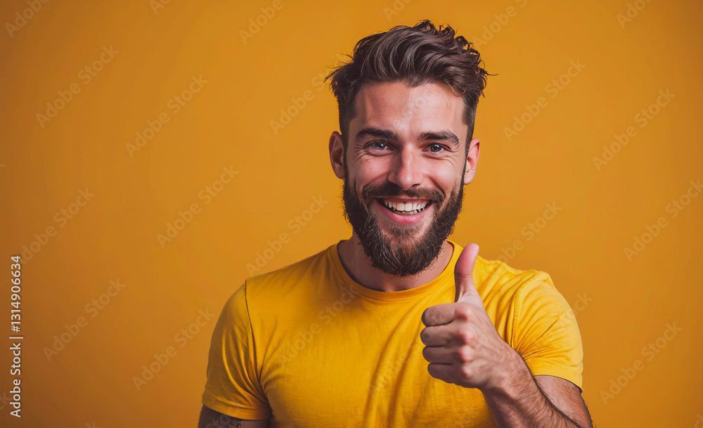Poster Man with a beard is smiling and giving a thumbs up. The image has a positive and happy mood