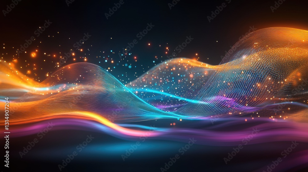 Poster ethereal and surreal digital art composition featuring vibrant luminous waves flowing lines and curv