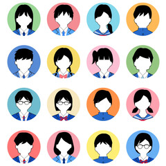表情がない男女の学生の丸いアイコンセット