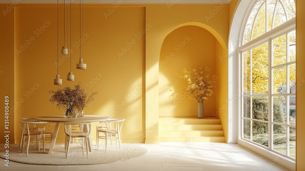 Poster Sunlight pours through a large window, illuminating a cozy dining area. Yellow walls complement the simple wooden table and chairs, enhancing the inviting ambiance of the space