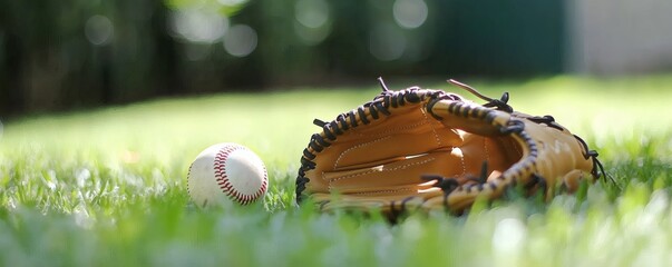 Baseball glove and baseball resting on green grassy field