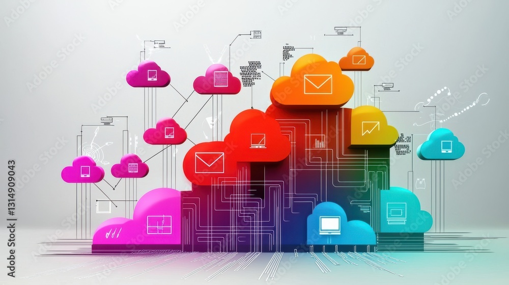 Poster colorful digital cloud technology network and communication system concept of cloud computing digita