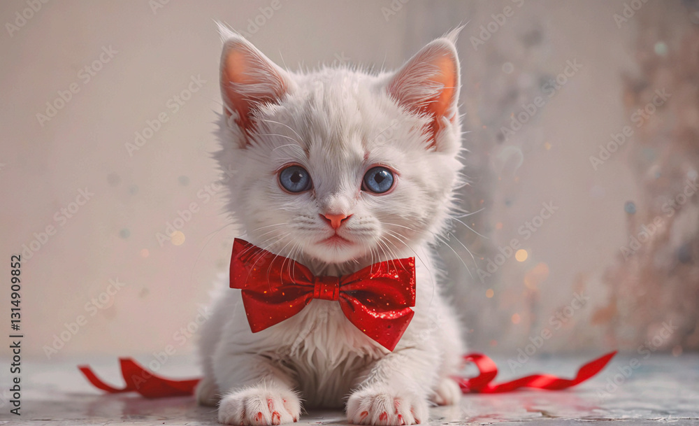 Poster white kitten wearing a red bow tie. the kitten is sitting on a table and looking at the camera