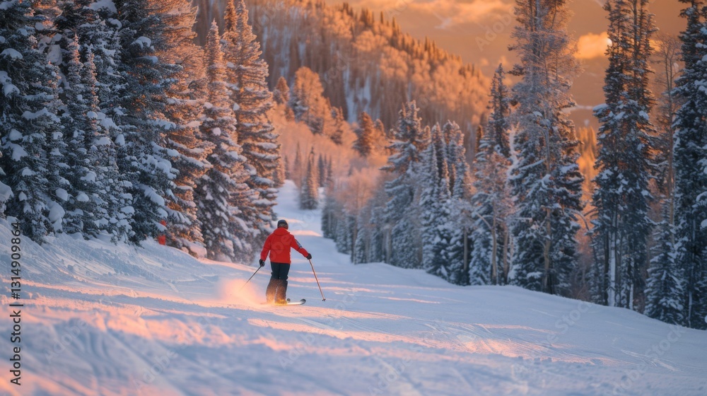 Poster A skier navigates a pristine snow covered path surrounded by tall evergreen trees during a stunning sunset, casting golden hues over the landscape.