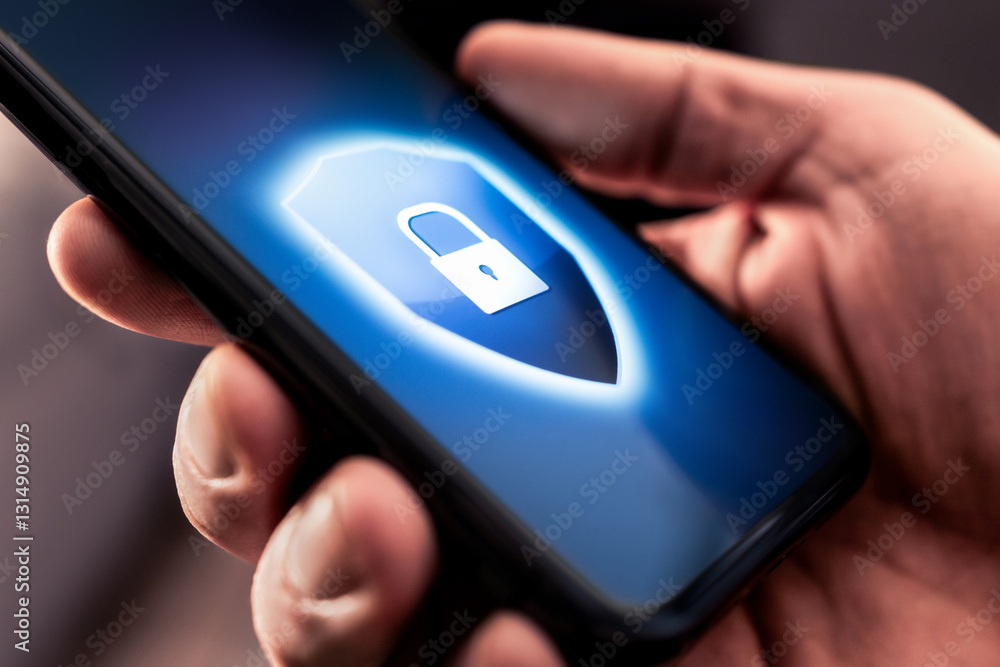 Wall mural phone data security. protect from scam or fraud. online privacy and cybersecurity. hacker and mobile