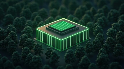 A futuristic green building surrounded by trees, featuring a rooftop garden and illuminated edges, showcasing eco-friendly architecture.