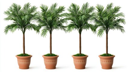 Fototapeta premium Four Potted Palm Trees in Terracotta Pots Against White Background