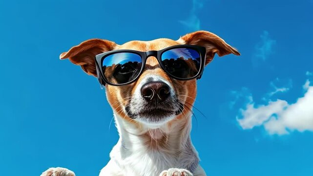 a dog in black glasses. Selective focus