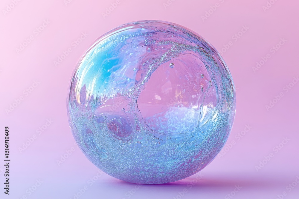 Poster ethereal iridescent sphere on pastel backdrop showcasing light play and fluid textures in a modern a