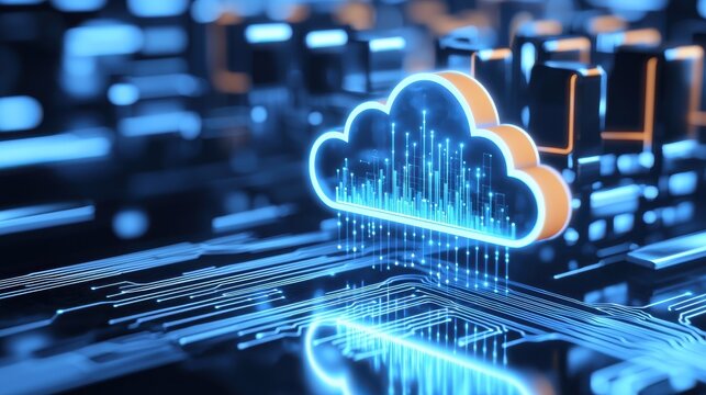 Glowing cloud computing icon surrounded by digital technology elements like binary code circuit boards and data flow  This image represents cloud based solutions services