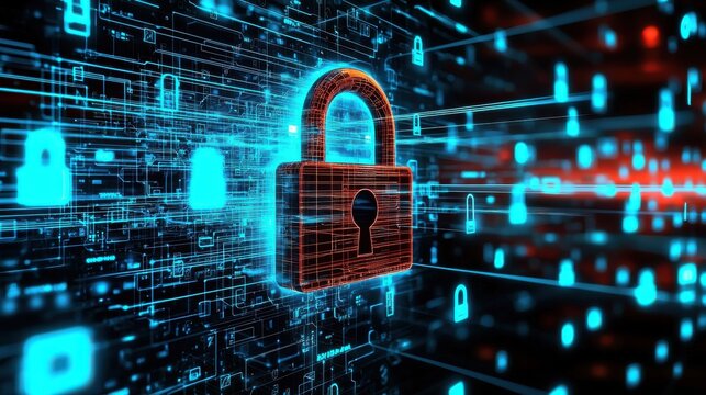 Digital Security Cybersecurity Encryption Technology Concept  Lock Padlock Firewall Protection Privacy Data Safety Access Shield  Futuristic with Glowing Digital Elements Network Coding Hacking