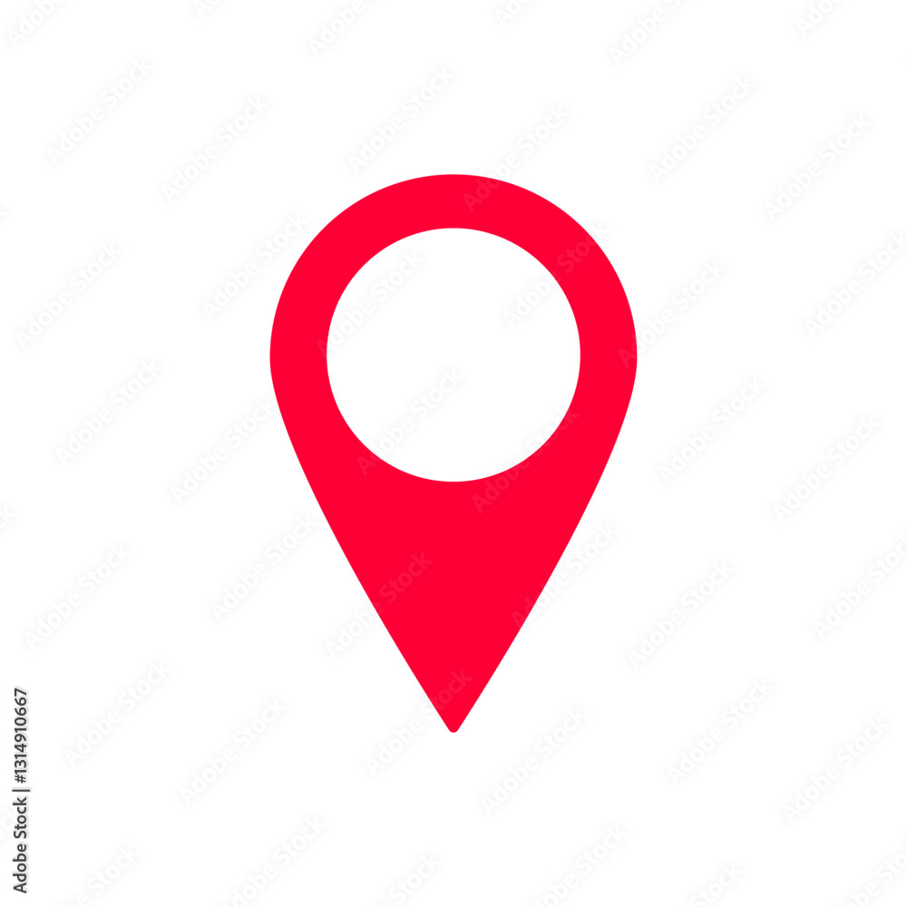 Poster bold red pin icon with white circle center represents location for maps or navigation tools.