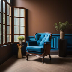 Modern interior of living room with leather armchair on wood flooring and dark blue wall	modern interior design