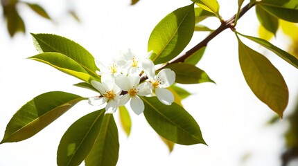white blossom branch, delicate white petals and bright green leaves, stark contrast against a pure white background