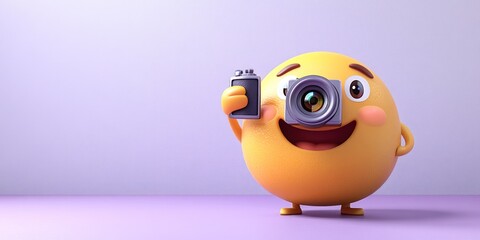 Emoji taking a photo with a camera on solid purple background