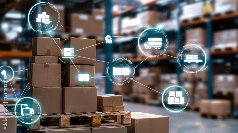 Poster automated warehouse with integrated digital logistics systems for efficient storage processing and d