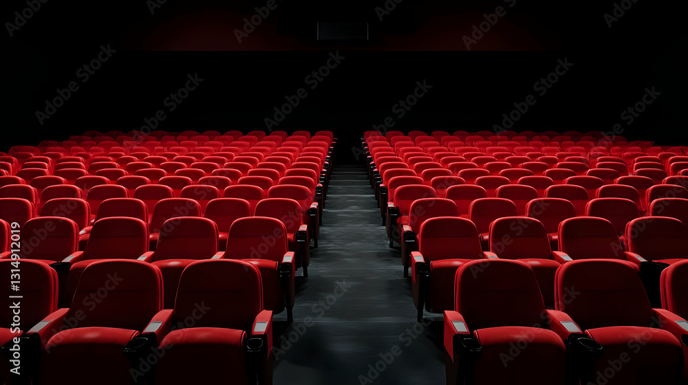 Aufkleber a large dark auditorium with rows of empty red plush seats and a center aisle leading to a stage in 