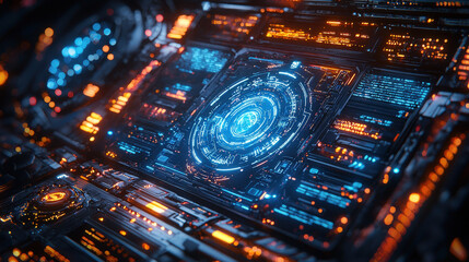 Fototapeta premium Futuristic interface displaying digital data high-tech environment graphic visualization close-up view