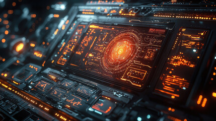 Futuristic control panel interface displaying data analytics sci-fi setting digital art close-up view technology concept