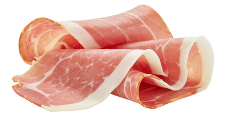 Thin prosciutto slices isolated on transparent surface