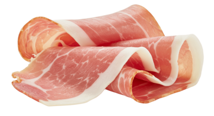 Thin prosciutto slices isolated on transparent surface