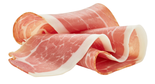 Thin prosciutto slices isolated on transparent surface