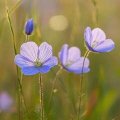 Fototapeta premium Serene flax flowers in a meadow bathed in soft light delicate petals and stems in gentle breeze
