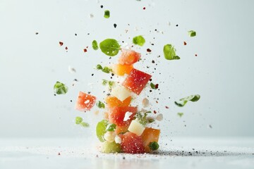 Exploding salad ingredients capture freshness vibrant colors