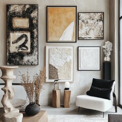 Abstract modern artwork and furniture displayed in a room