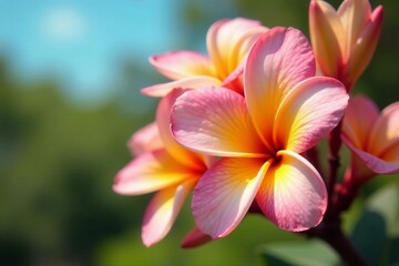 Close-up of vibrant frangipani flowers on a sunny day, nature, tree